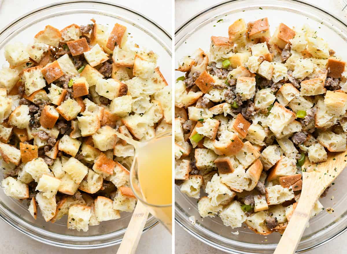 two photos showing How to Make stuffing from scratch - adding chicken broth