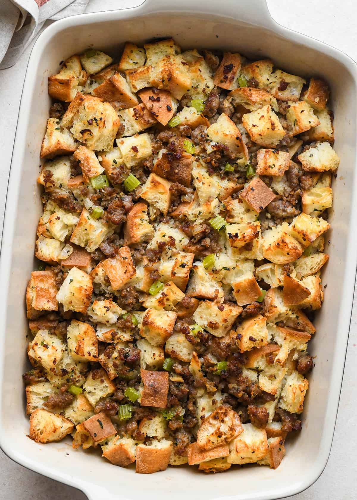 bread stuffing in a baking dish after baking