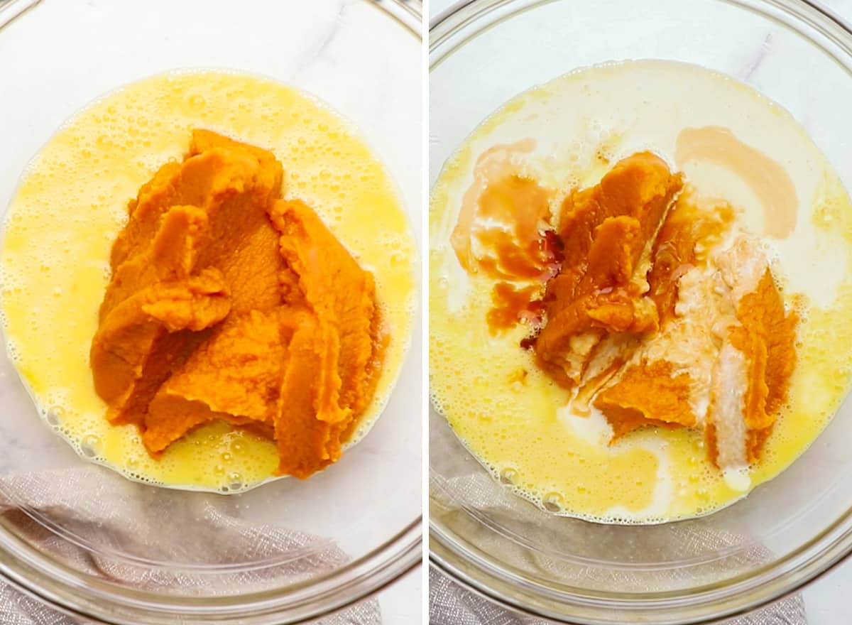 two photos showing How to Make Pumpkin Pie - adding eggs, pumpkin and cream