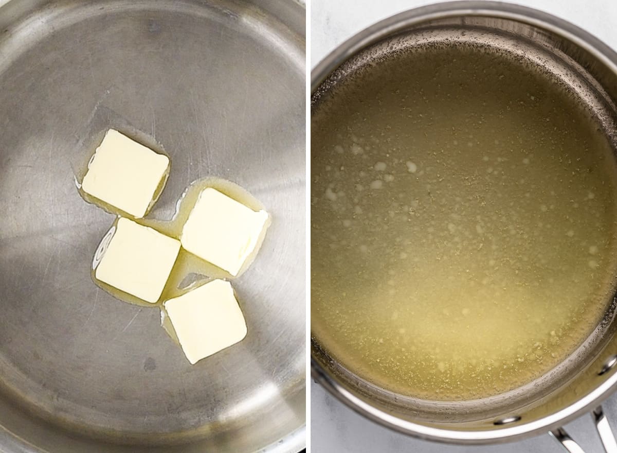 two photos showing butter melting to make rice crispy treats