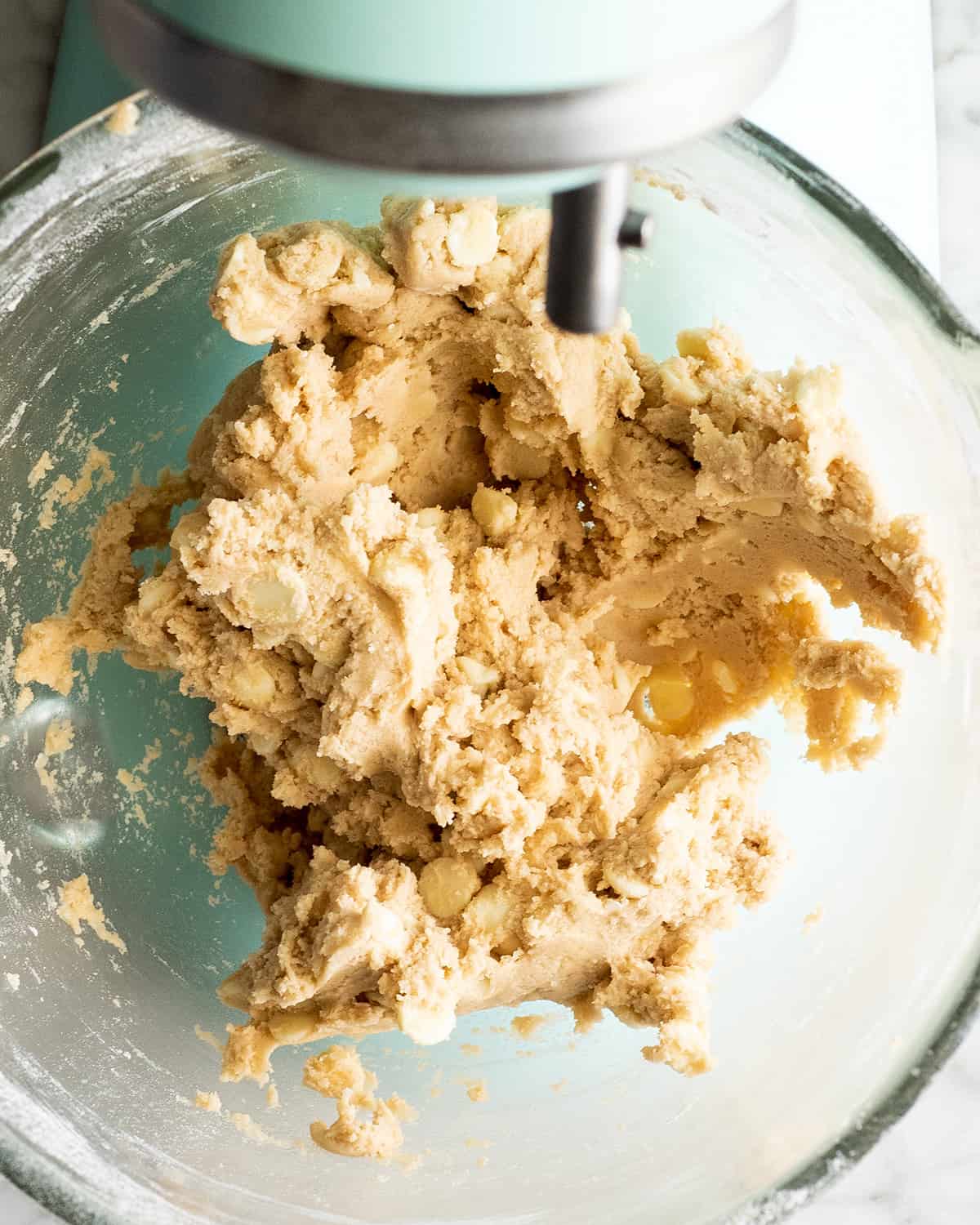 White Chocolate Chip Cookie dough after chips have been stirred in