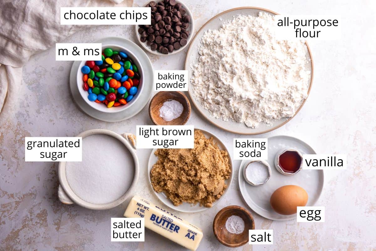 overhead photo of the labeled ingredients in this m m cookie bars recipe