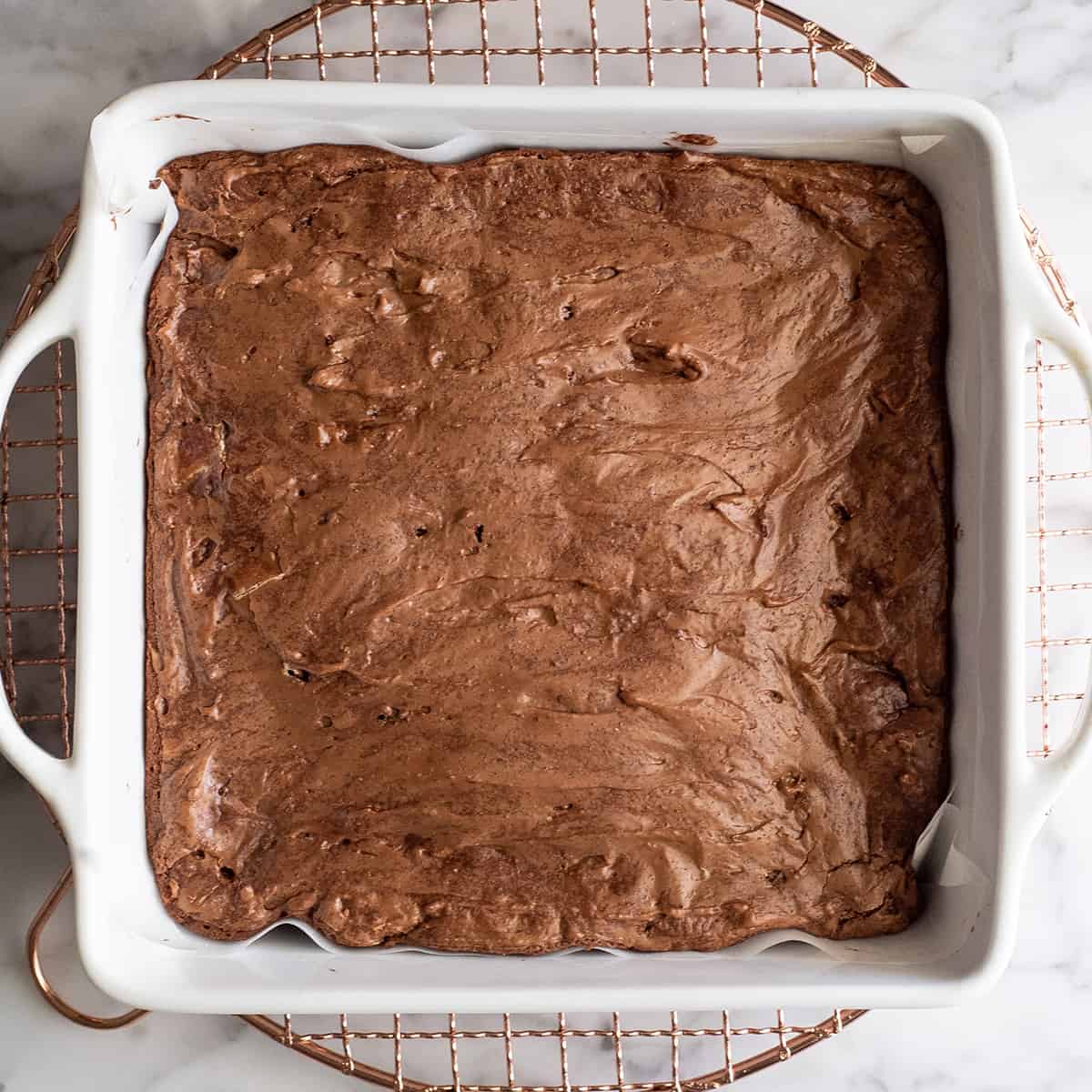 Peppermint Brownies in a baking dish after baking