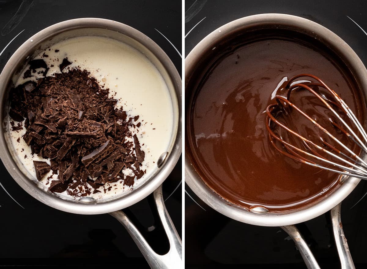 two photos showing how to make peppermint ganache