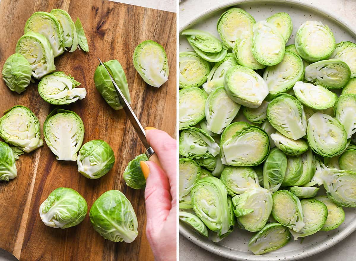 two photos showing how to halve Brussels sprouts to make Sautéed Brussels Sprouts