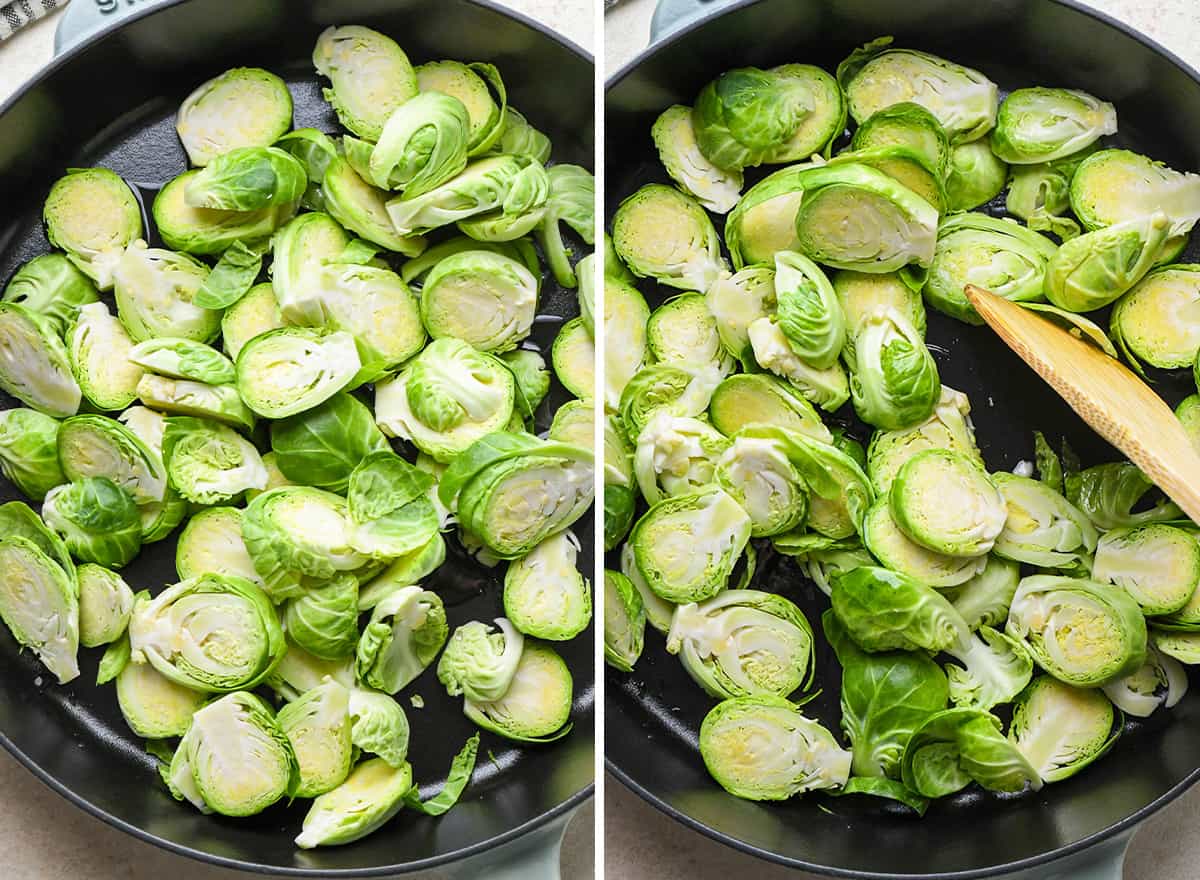 two photos showing how to Sauté Brussels Sprouts