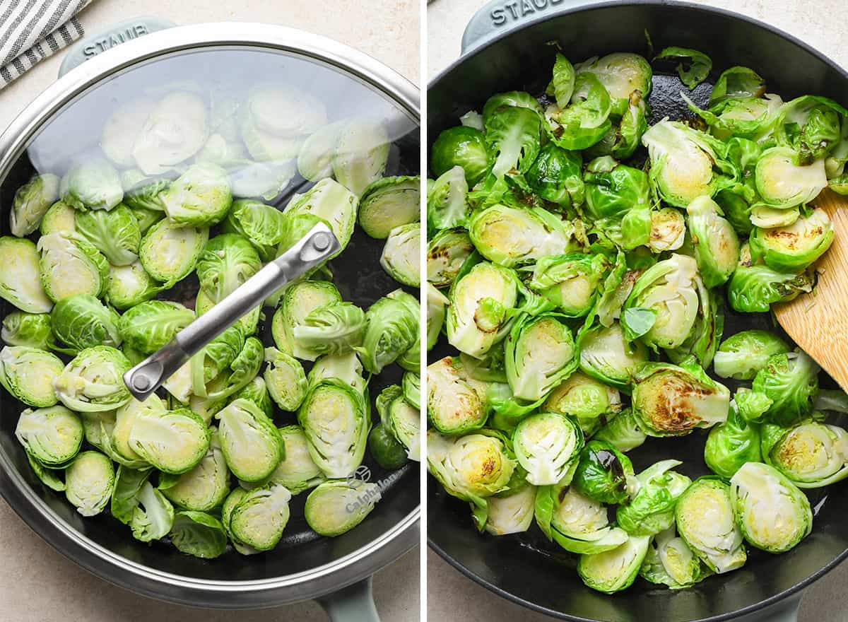 two photos showing how to Sauté Brussels Sprouts