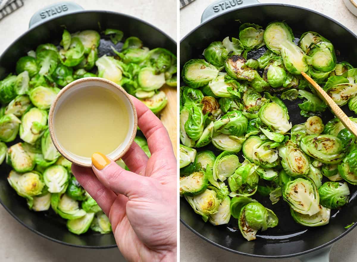 two photos showing adding olive oil to Sautéed Brussels Sprouts