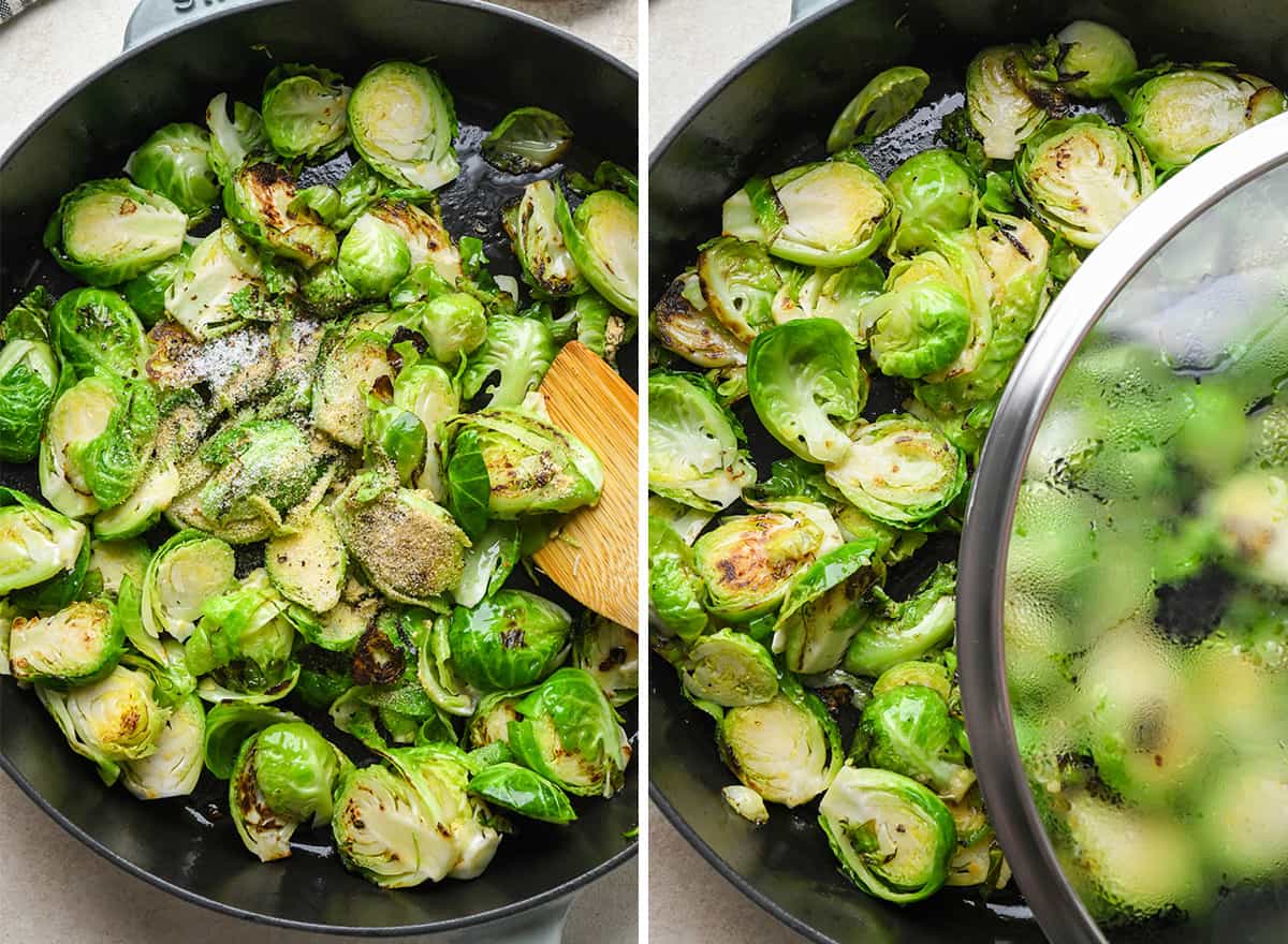 two photos showing adding salt, pepper and garlic powder to Sautéed Brussels Sprouts