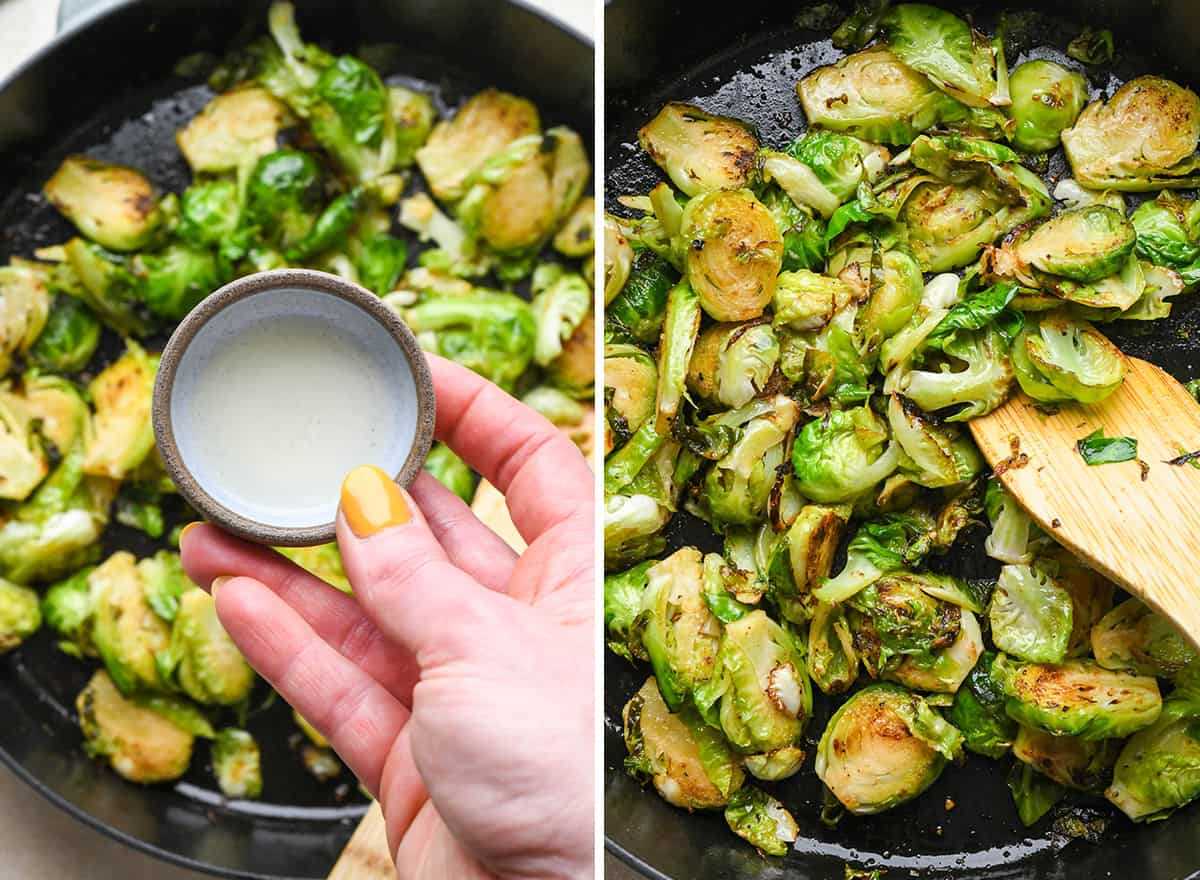 two photos showing adding lemon juice to Sautéed Brussels Sprouts