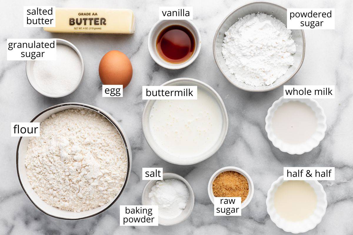 overhead photo of the labeled ingredients in this Buttermilk Scones recipe