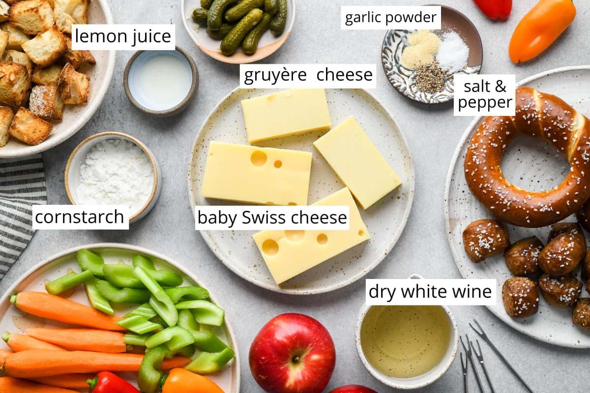 overhead photo of the labeled ingredients in this Cheese Fondue Recipe