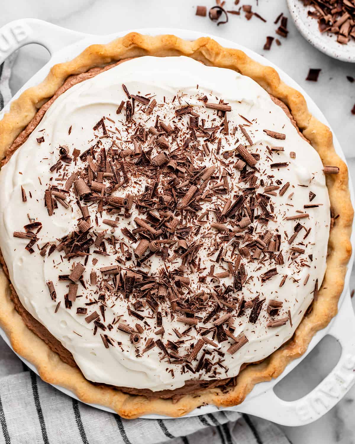 French Silk Pie Recipe in a pie dish topped with chocolate shavings