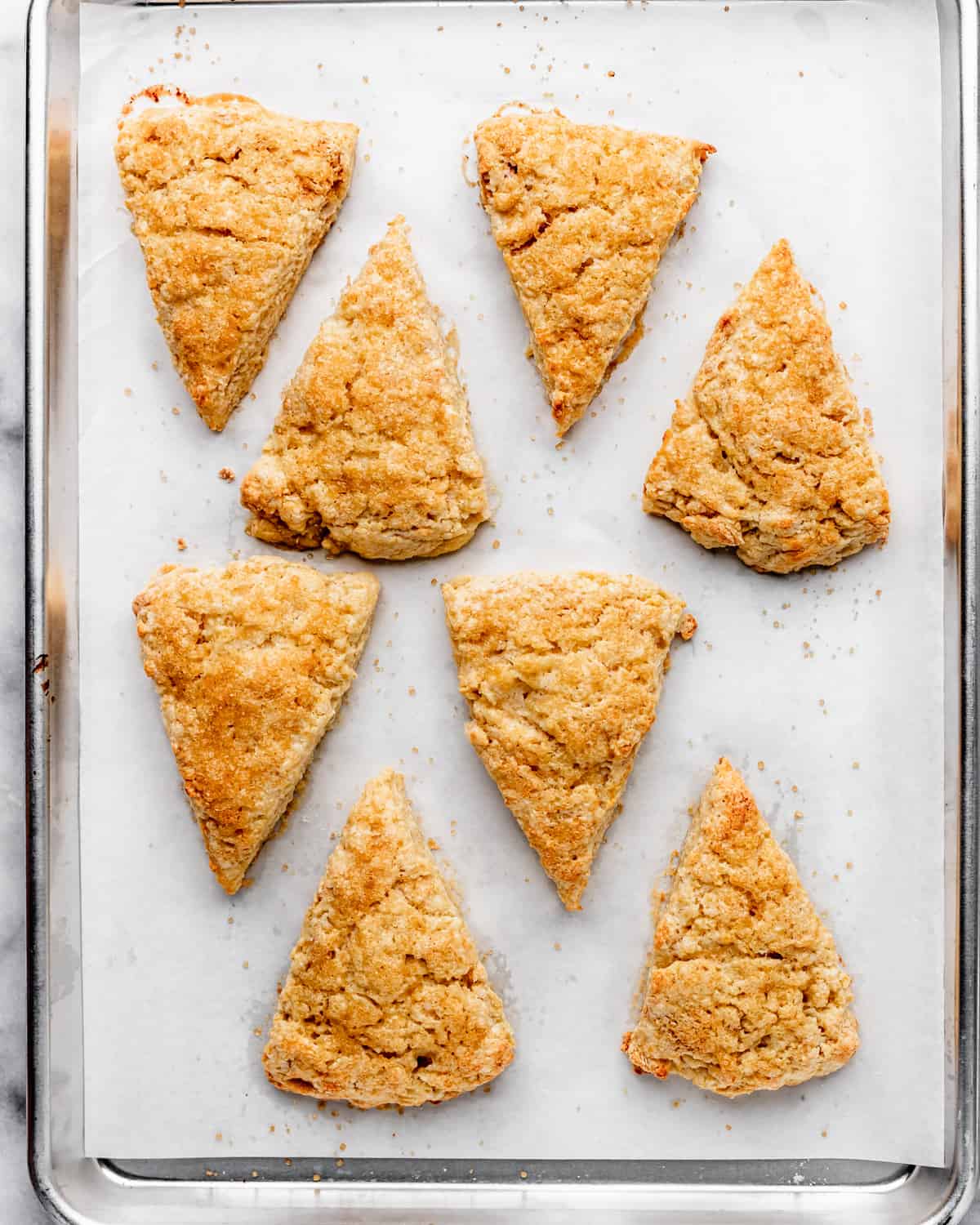 8 Buttermilk Scones on a baking sheet after baking