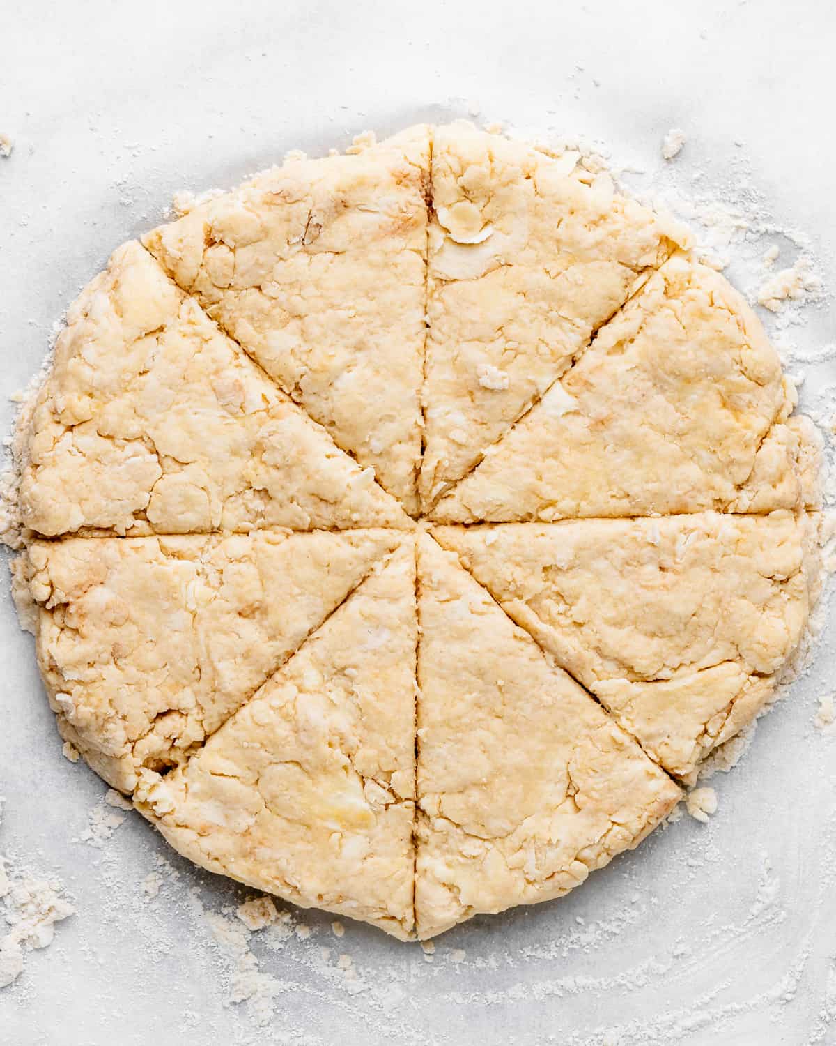 Buttermilk Scones dough cut into 8 triangles