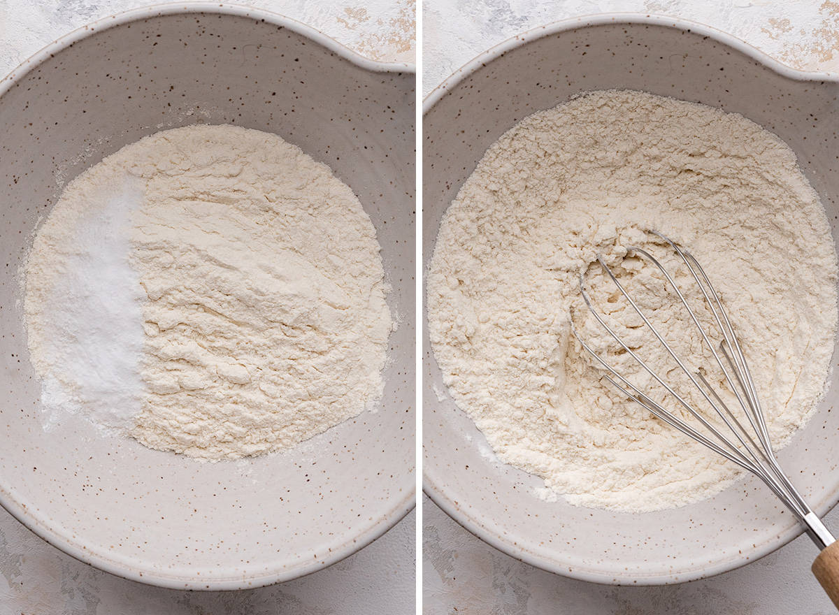 two photos showing how to make this M & M Cookie Recipe - mixing dry ingredients
