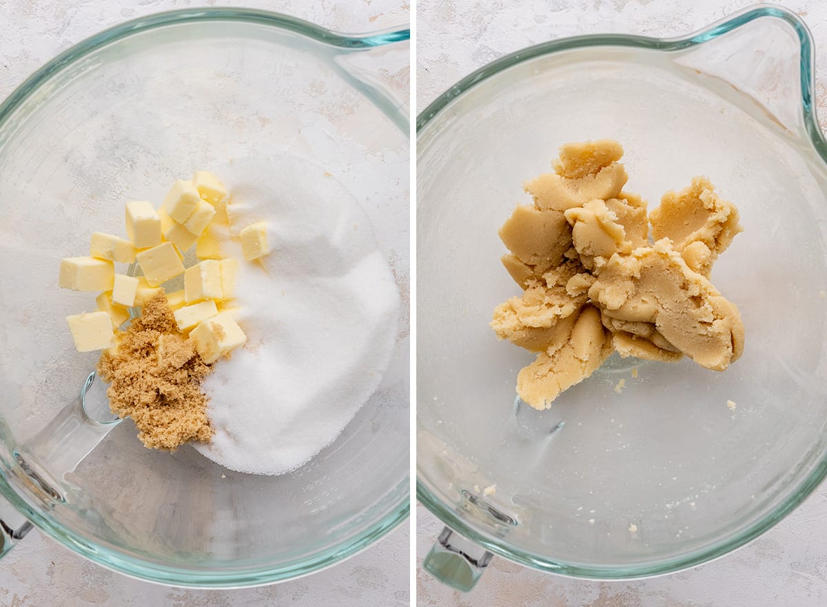 two photos showing how to make this M & M Cookie Recipe - combining butter and sugars