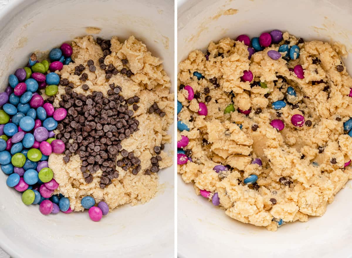 two photos showing how to make this M & M Cookie Recipe - adding chocolate chips and M&Ms