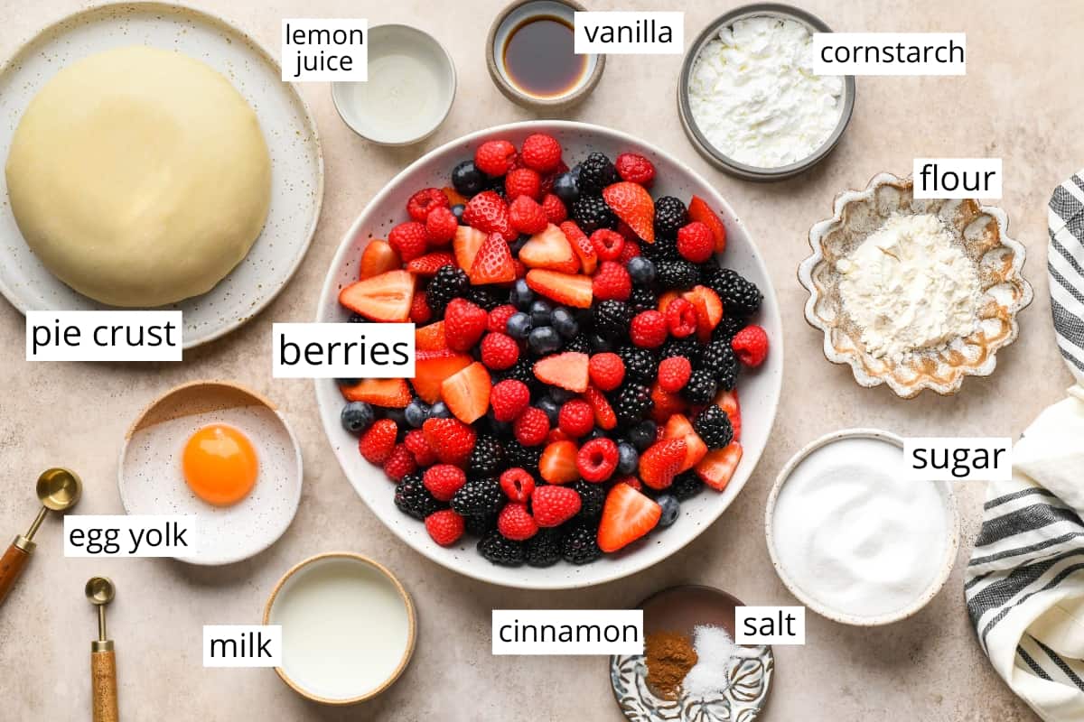 overhead photo of the labeled ingredients in this Mixed Berry Pie