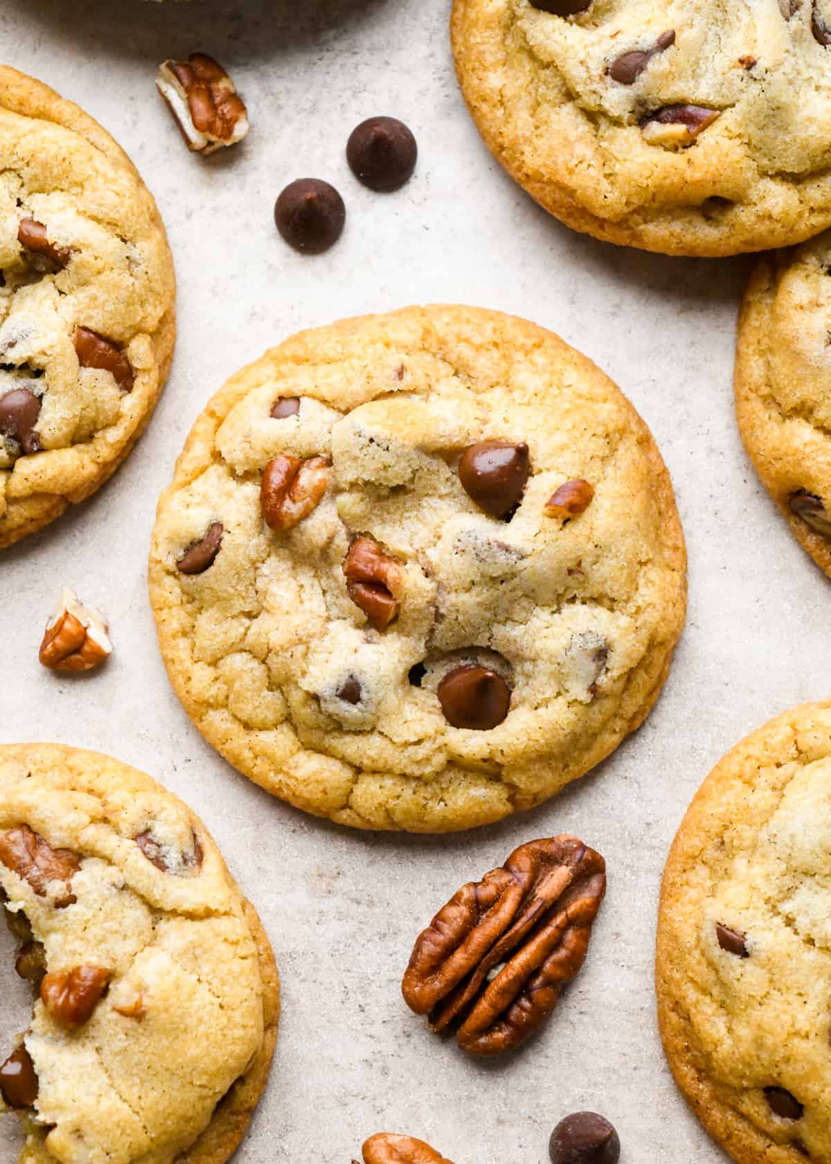 overhead photo of 6 Chocolate Chip Pecan Cookies