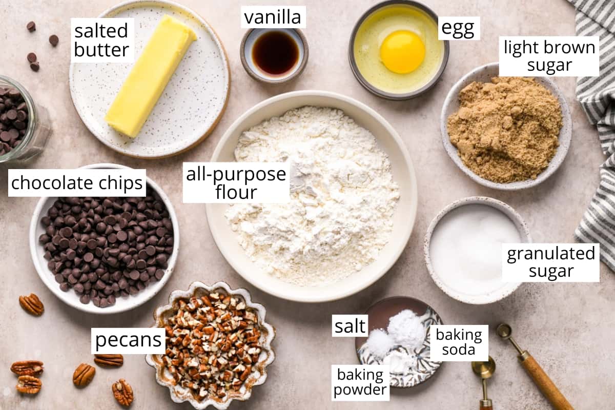 overhead photo of the labeled ingredients in this Chocolate Chip Pecan Cookies recipe