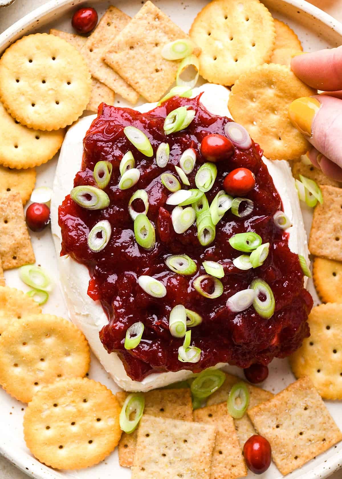 a hand dipping a cracker into Cranberry Cream Cheese Dip