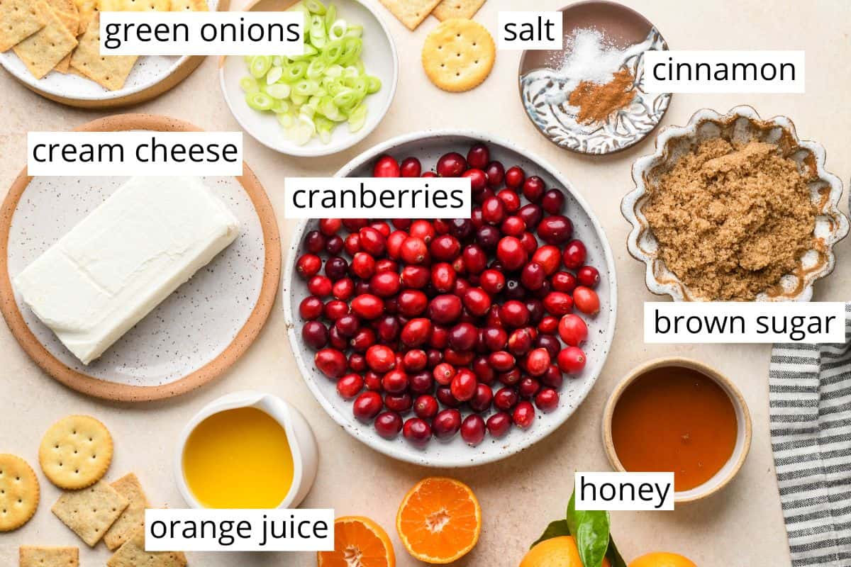 overhead photo of the labeled ingredients in this Cranberry Cream Cheese Dip recipe