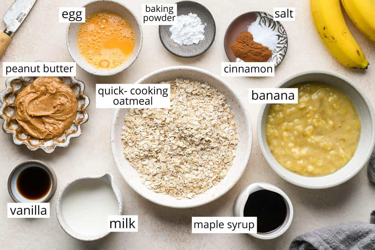 overhead photo of the labeled ingredients in this Peanut Butter Banana Baked Oatmeal recipe