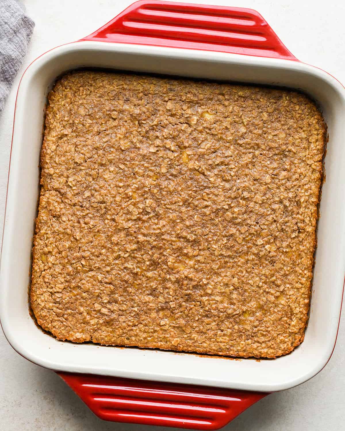 Peanut Butter Banana Baked Oatmeal in a baking dish after baking