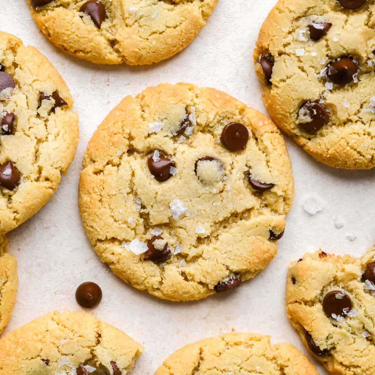 7 Almond Flour Chocolate Chip Cookies with flaky sea salt