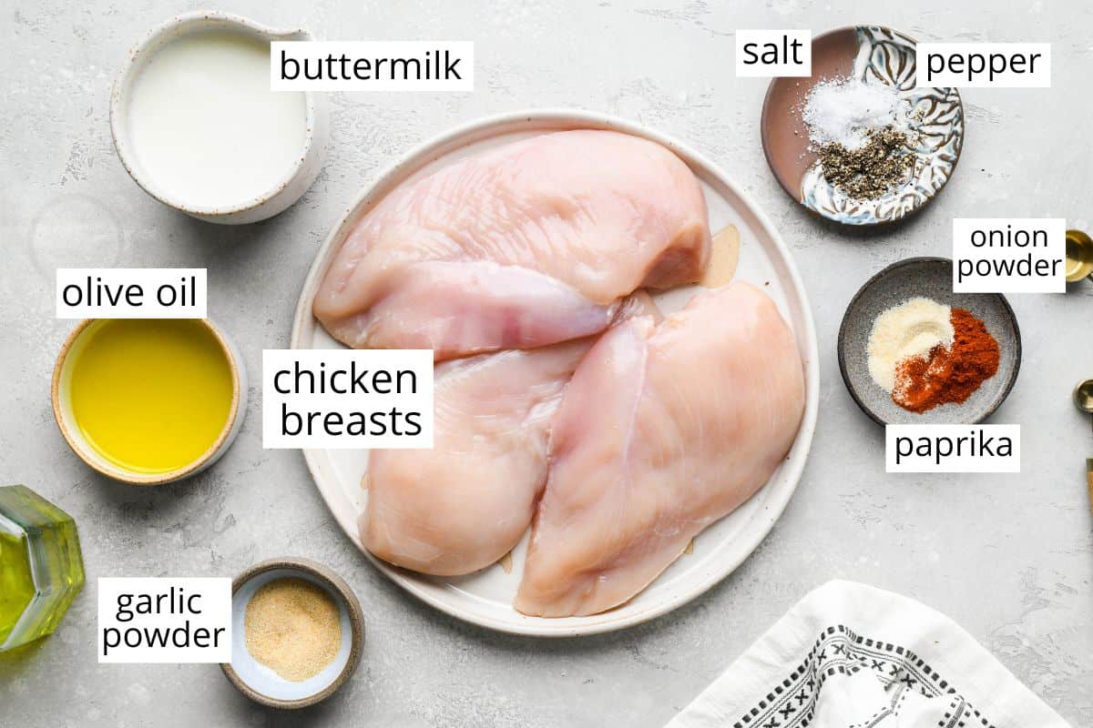 overhead photo of the labeled ingredients in this Buttermilk Chicken Recipe