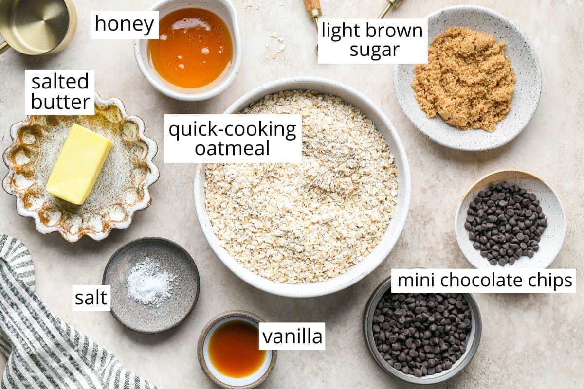 overhead photo of the labeled ingredients in this granola bar recipe