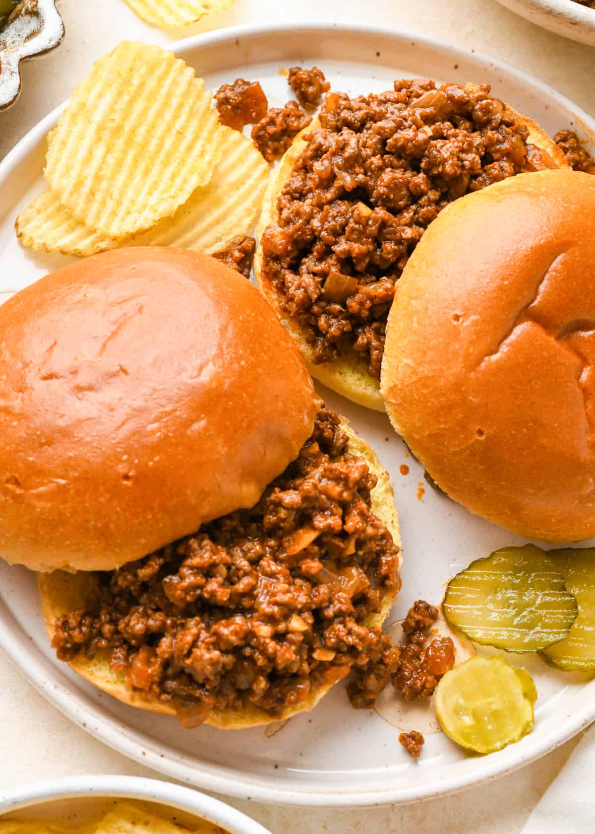 overhead photo of 2 Homemade Sloppy Joes on buns