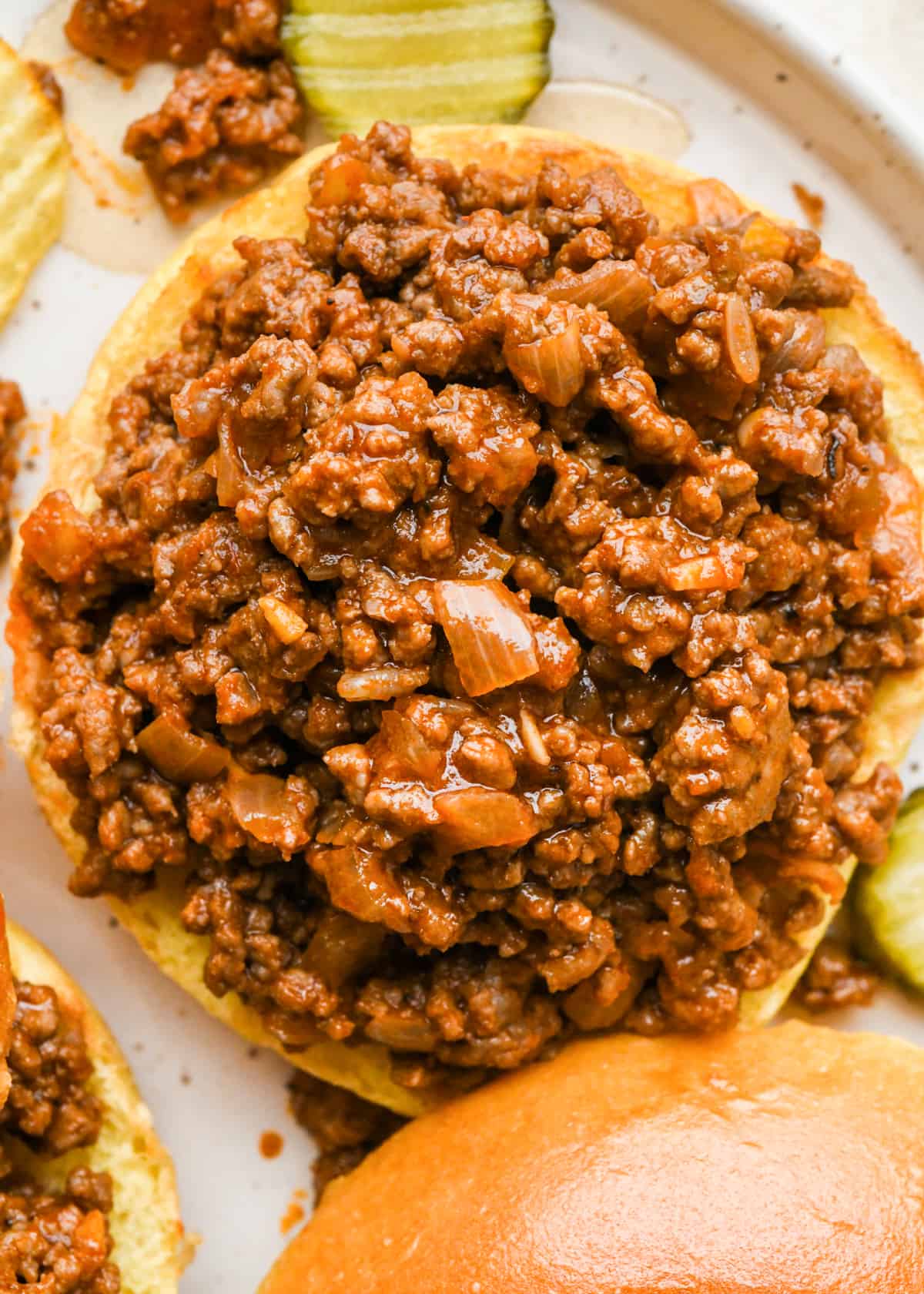 up close photo of Sloppy Joes Recipe on a bottom bun