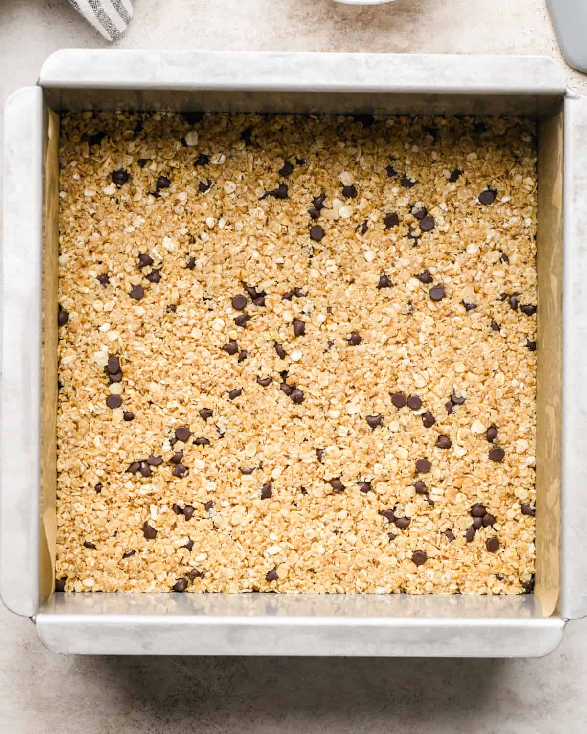 granola bar recipe pressed into the baking dish