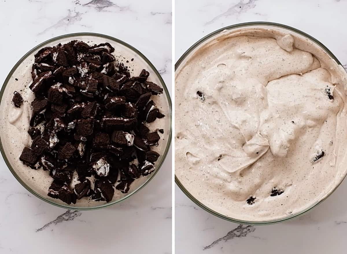 two photos showing stirring in chopped Oreos to Oreo ice cream