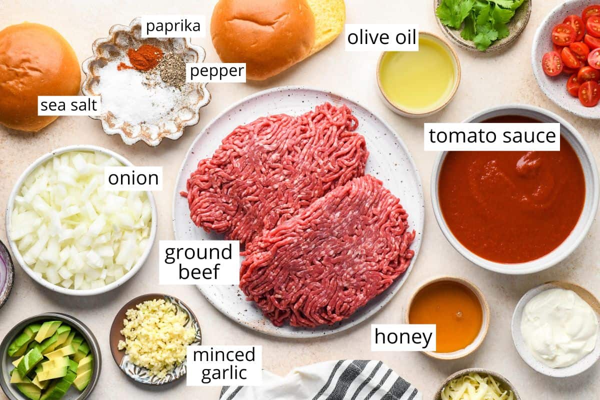 overhead photo of the labeled ingredients in this Homemade Sloppy Joes recipe