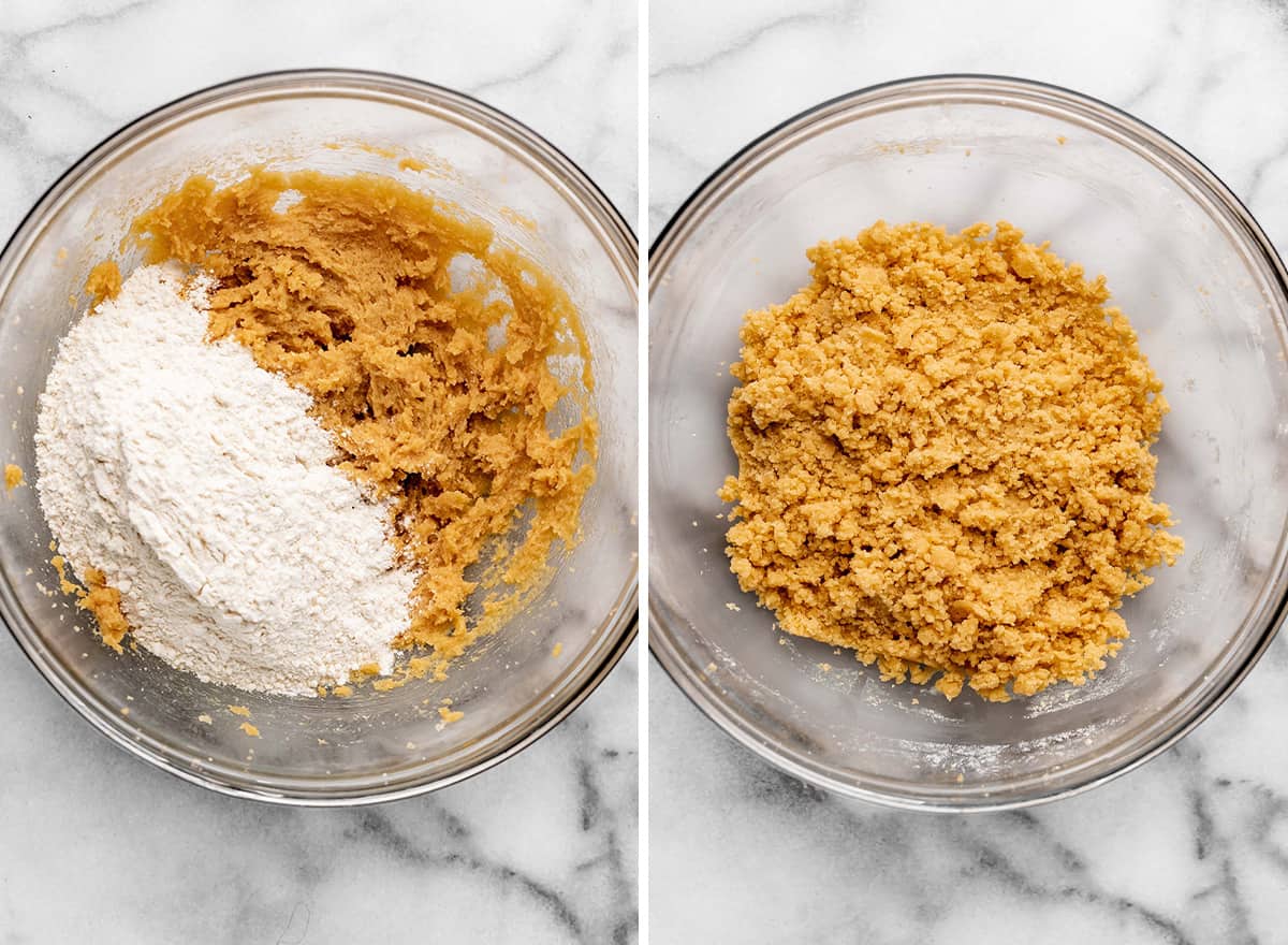 two photos showing how to make small batch chocolate chip cookies - adding dry ingredients