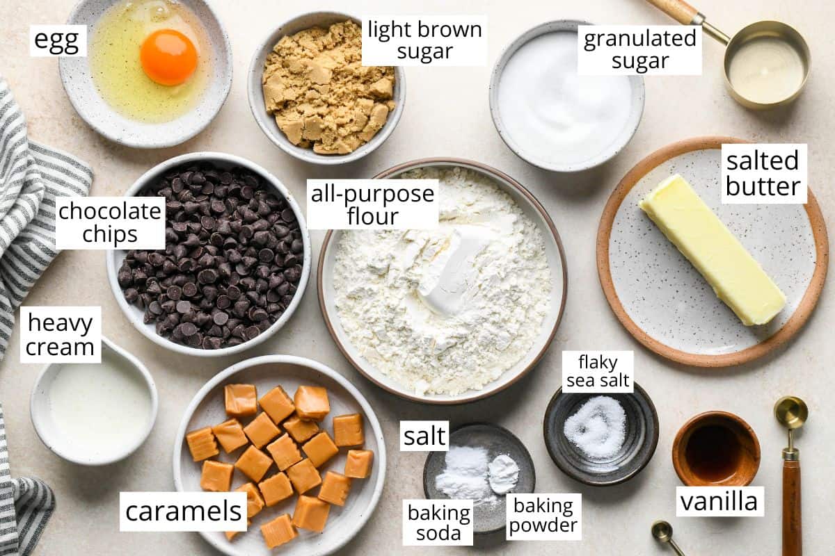 overhead photo of the labeled ingredients in this Caramel Cookie Bars recipe