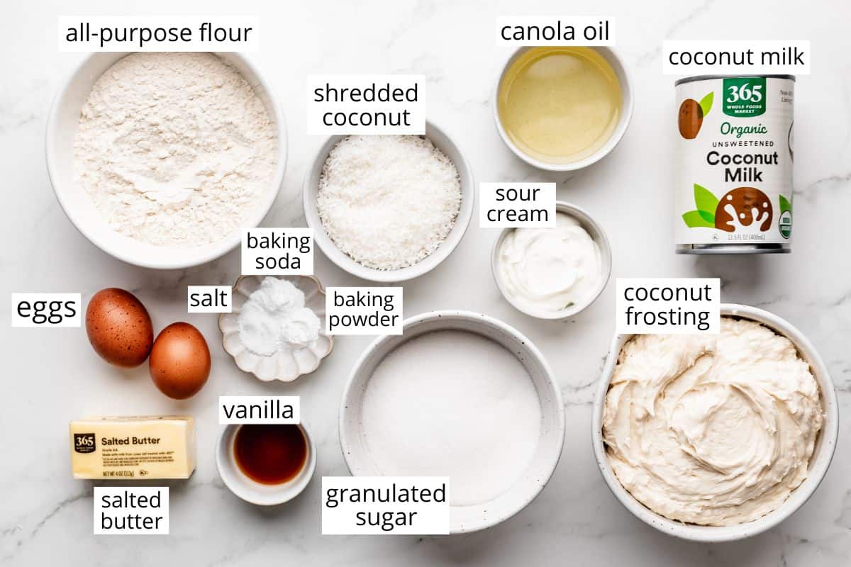 overhead photo of the labeled ingredients in this Coconut Cake recipe