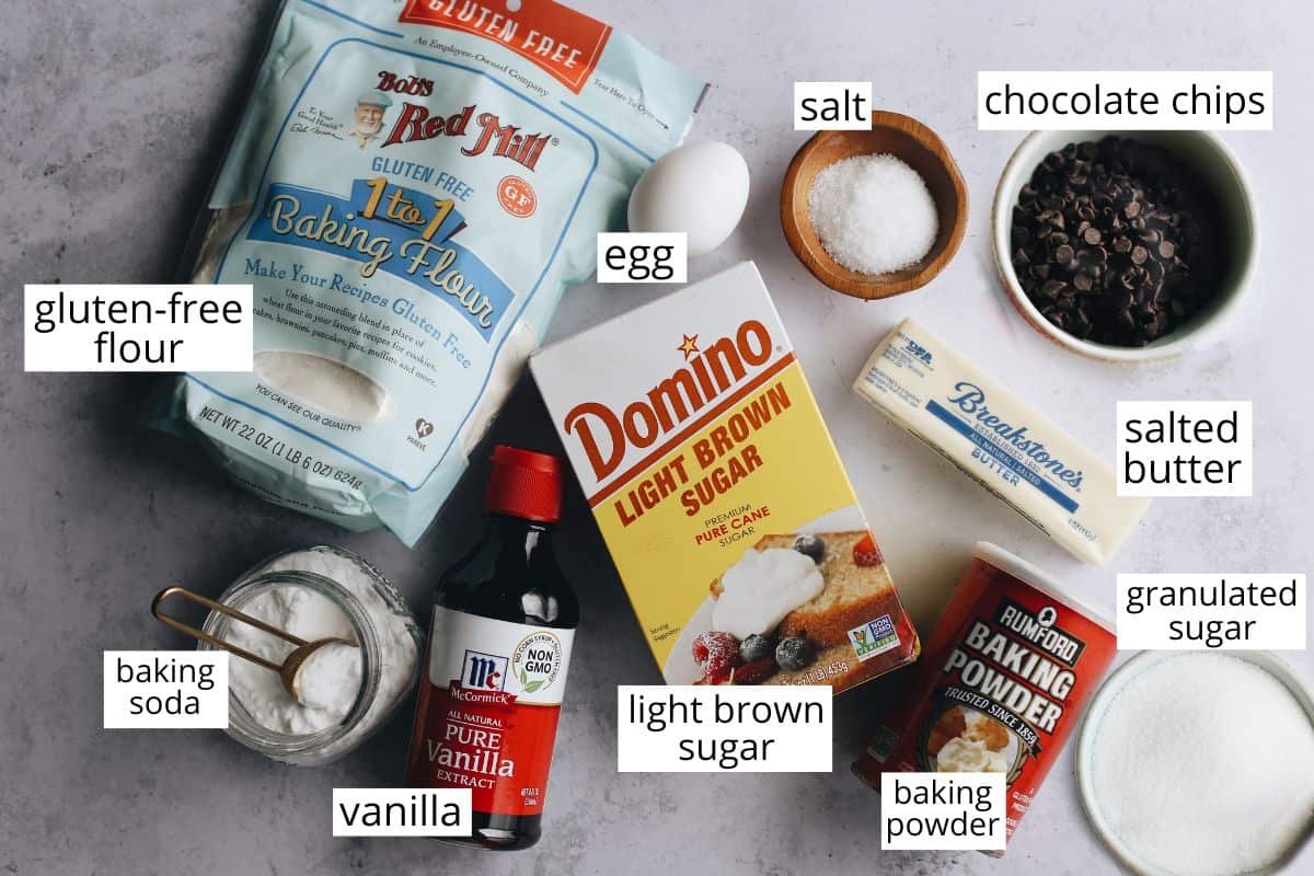 overhead photo of the labeled ingredients in this gluten free chocolate chip cookie recipe