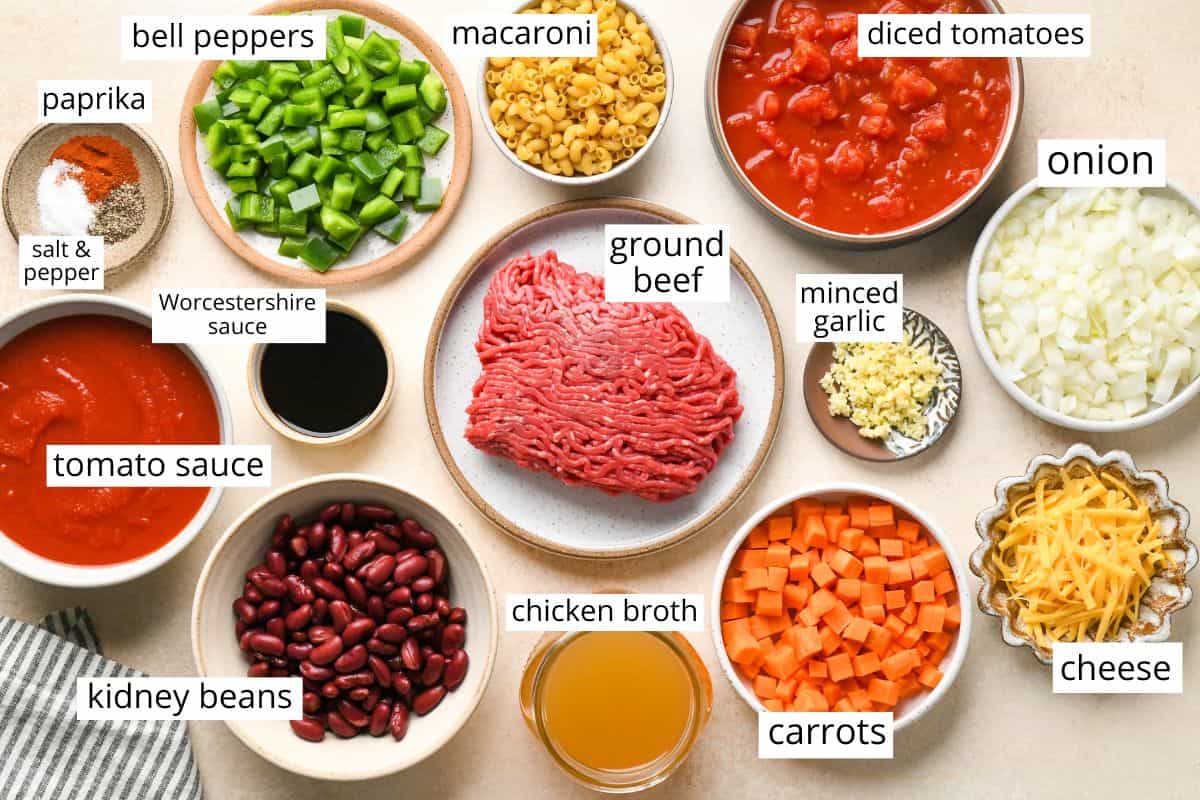 overhead photo of the labeled ingredients in this Hamburger Soup recipe