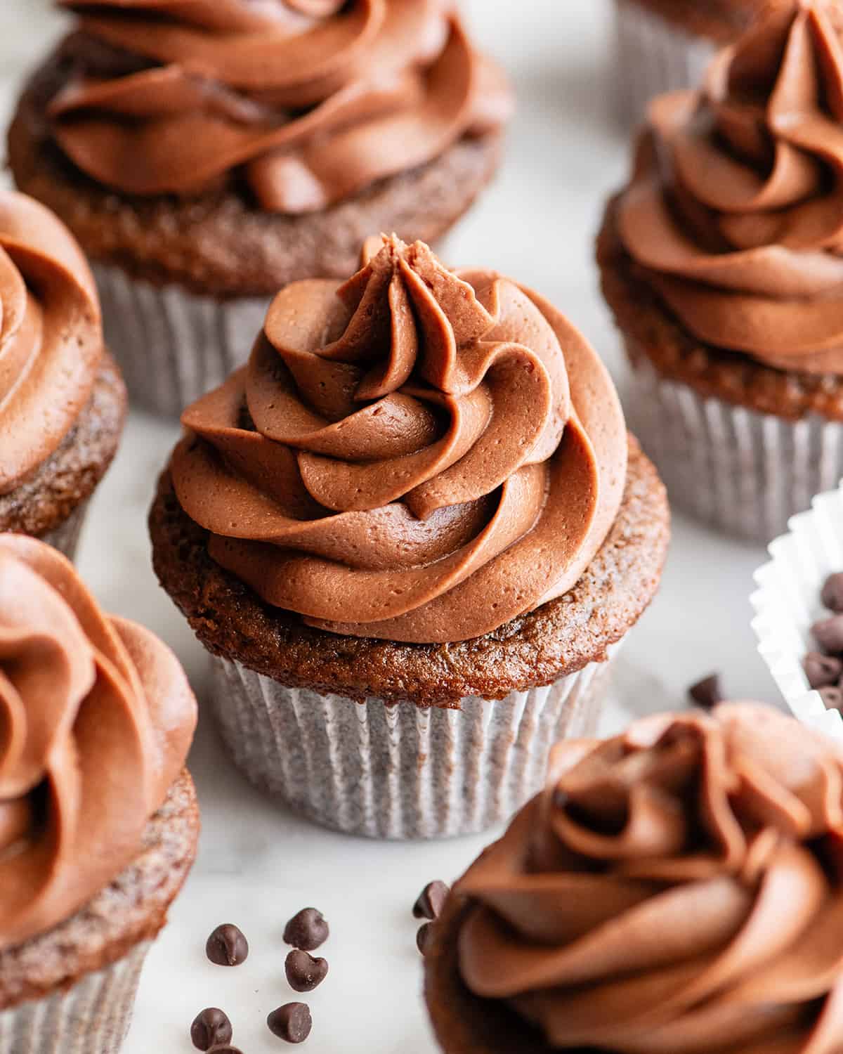 Chocolate Buttercream Frosting piped on top of 6 chocolate cupcakes