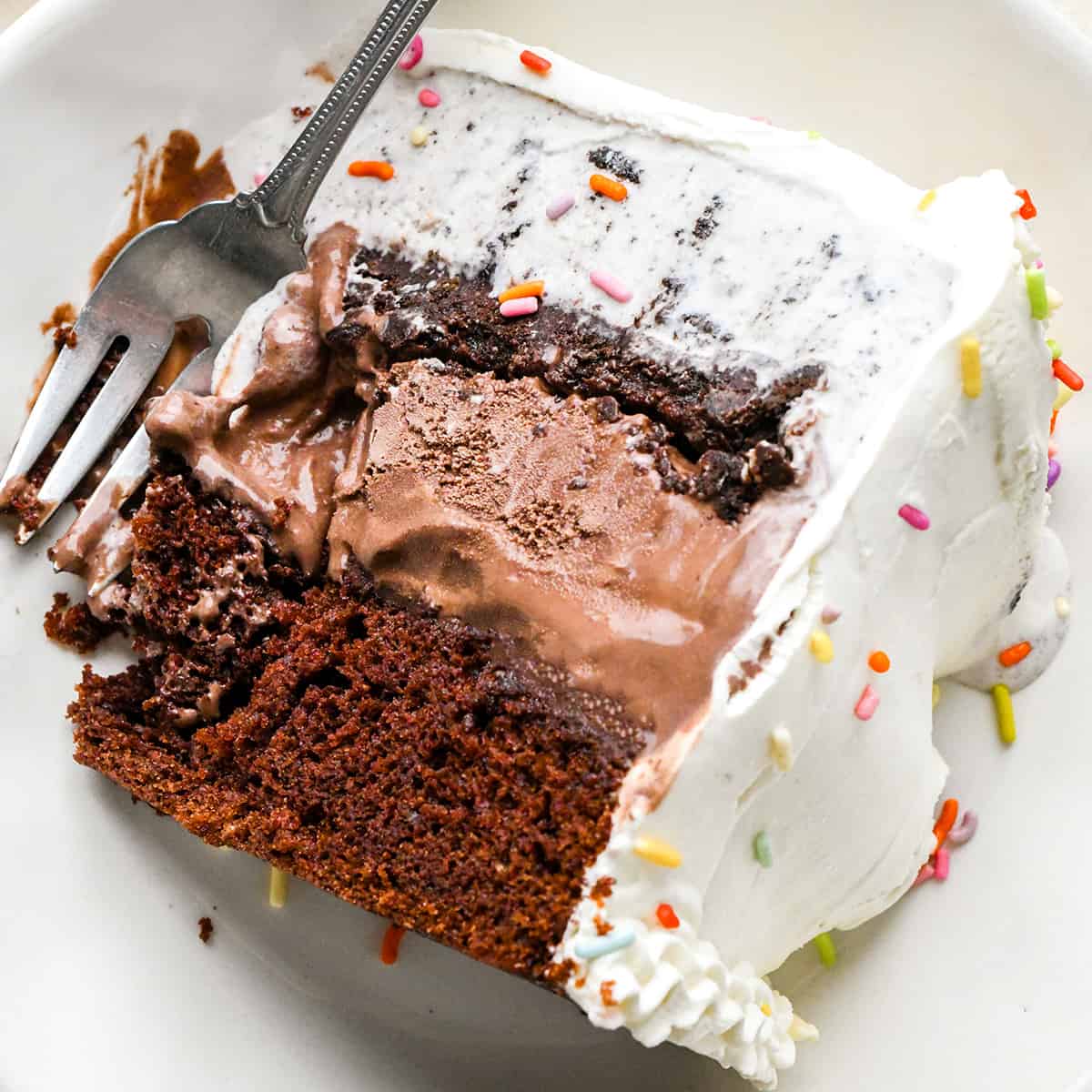 a slice of Ice Cream Cake on a plate with a fork that has taken a bite out of the cake