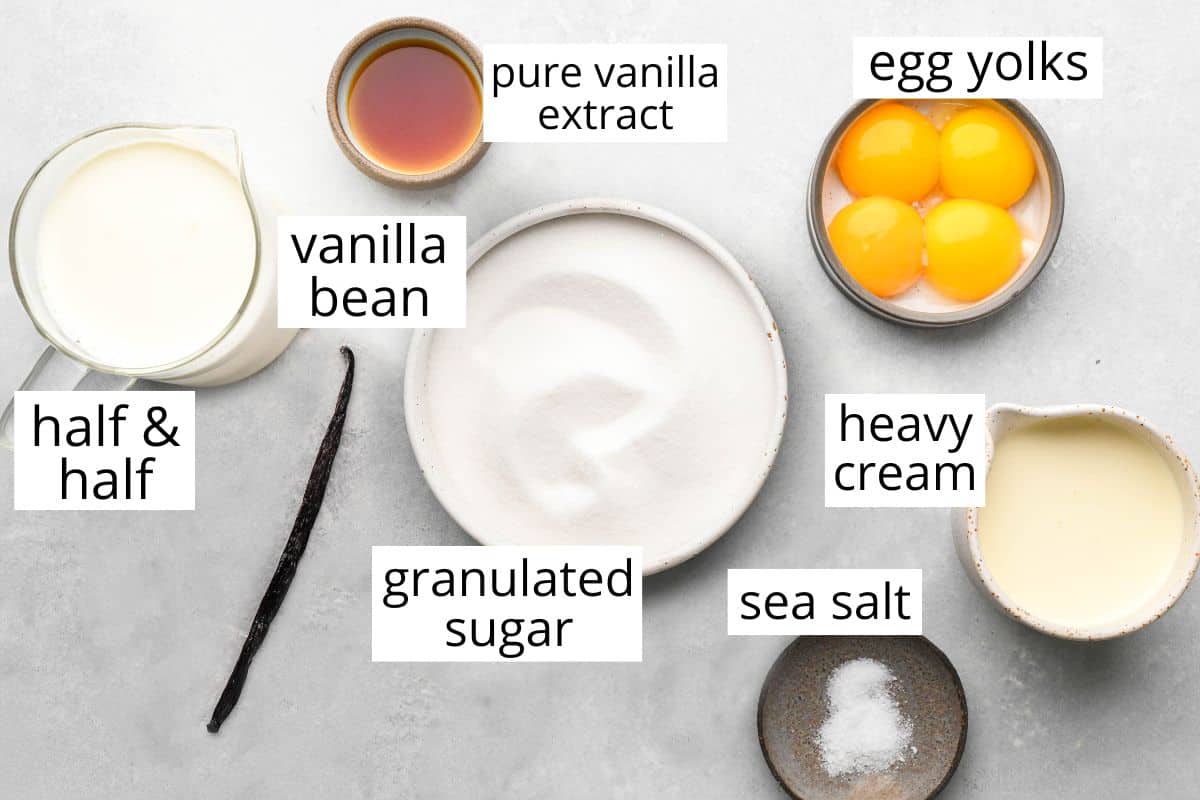 overhead photo of the labeled ingredients in this Homemade Vanilla Ice Cream recipe
