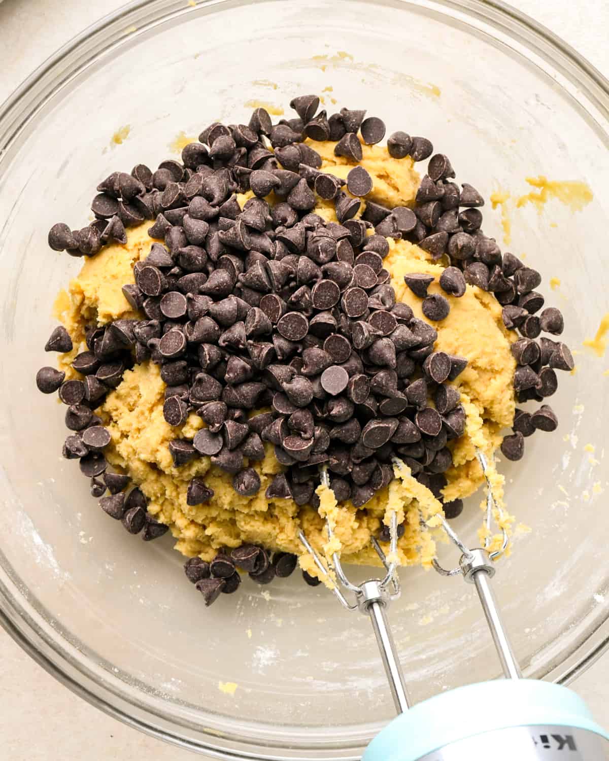 chocolate chips added to Caramel Cookie Bars dough before mixing