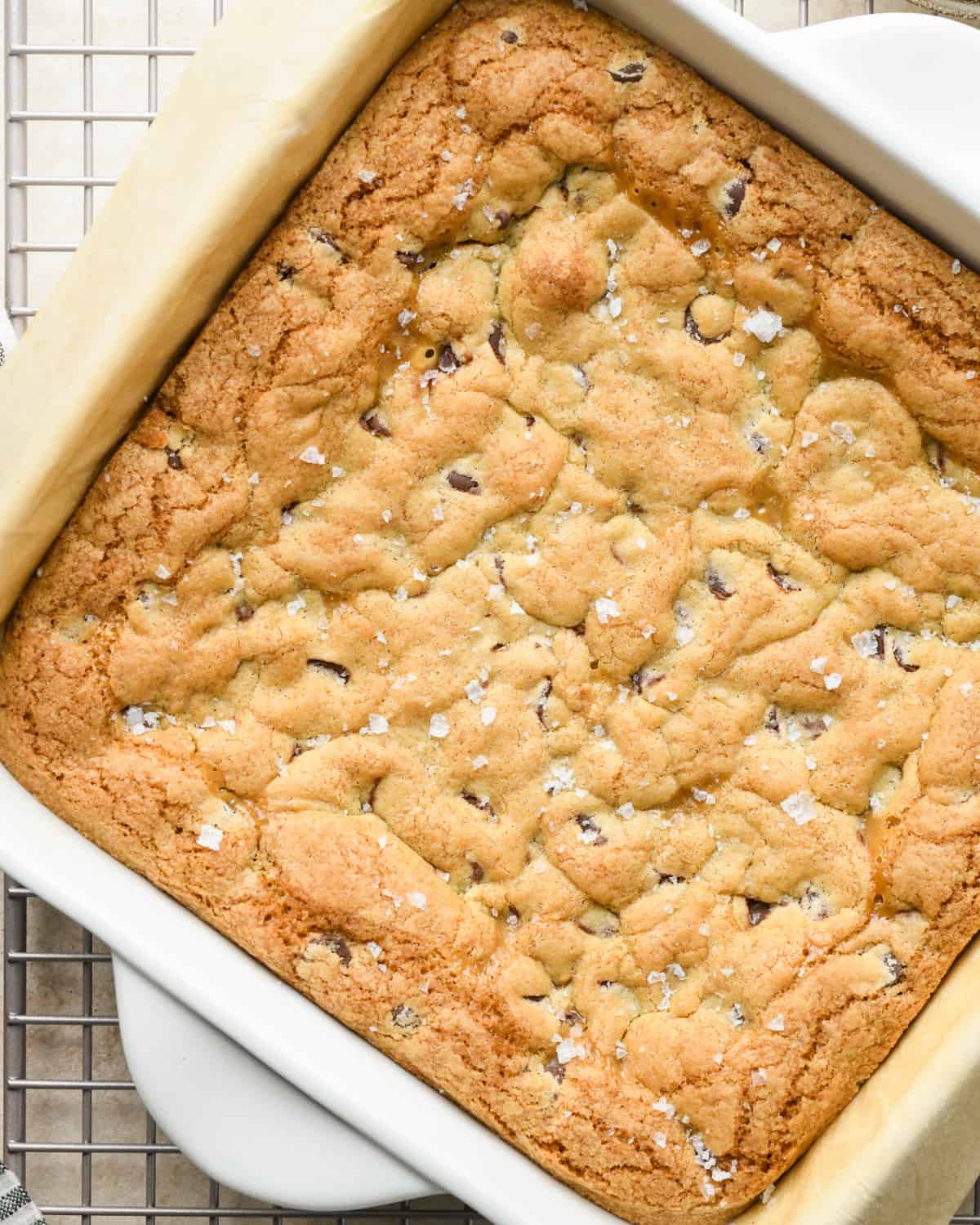 Caramel Cookie Bars in a baking dish after baking