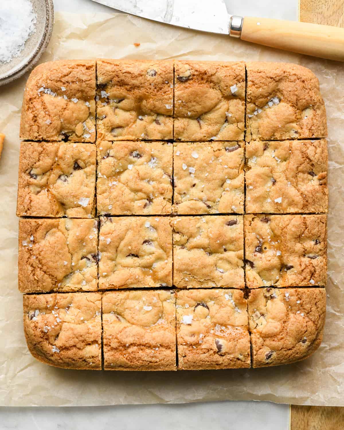 Caramel Cookie Bars cut into 16 squares