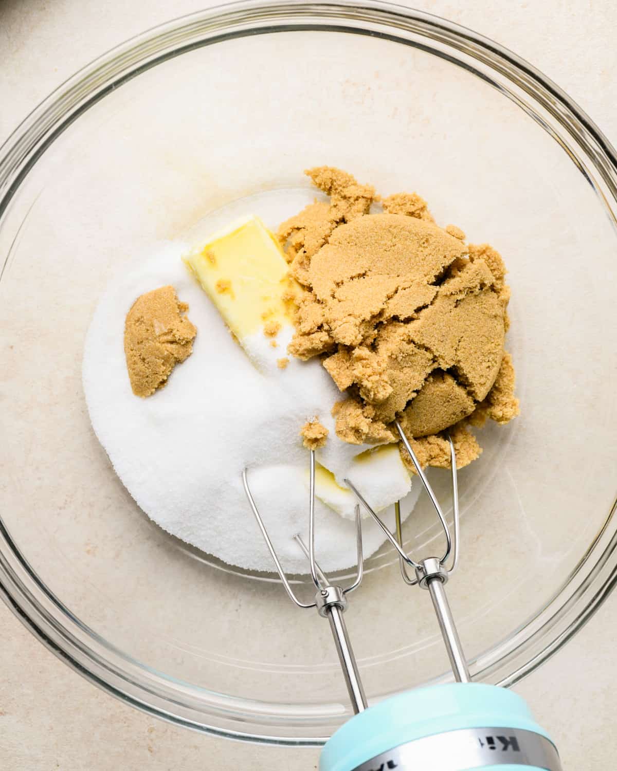 making Caramel Cookie Bars - butter and sugars before beating