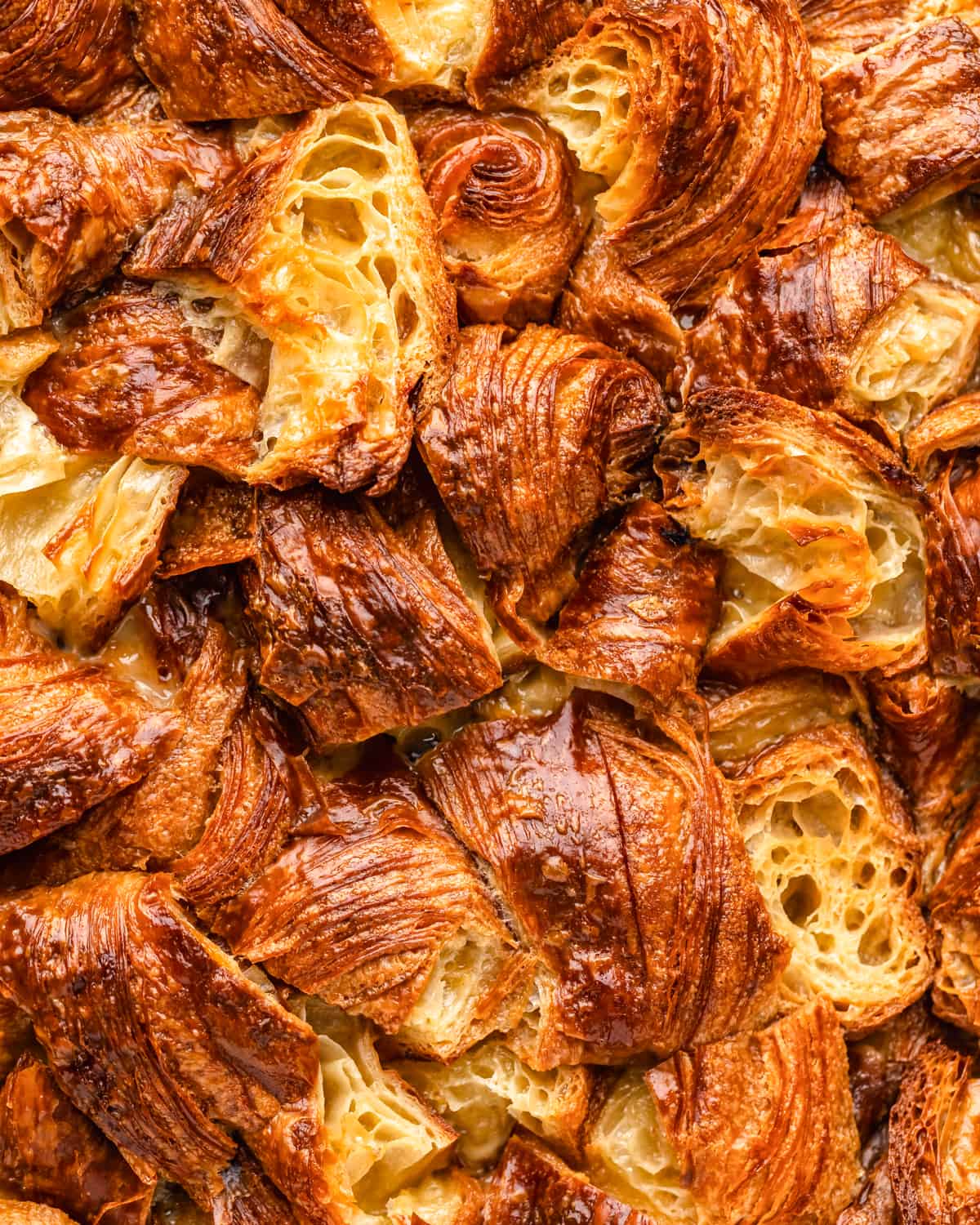 up close macro shot of the top of Croissant Bread Pudding